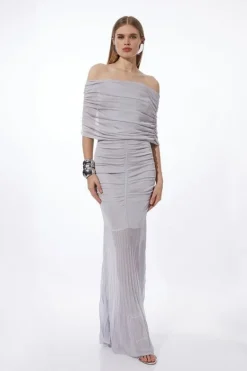 Karen Millen Viscose Blend Slinky Sheer Knit Off The Shoulder Maxi Dress grey Fashion