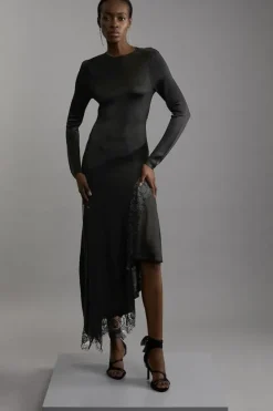 Karen Millen Viscose Blend Slinky Sheer Lace Detail Asymmetric Knit Midaxi Dress black Fashion