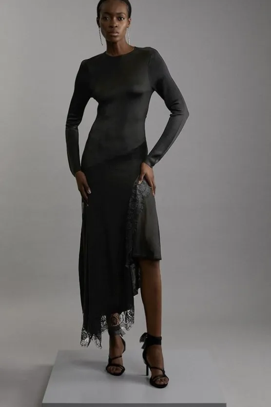 Karen Millen Viscose Blend Slinky Sheer Lace Detail Asymmetric Knit Midaxi Dress black Fashion