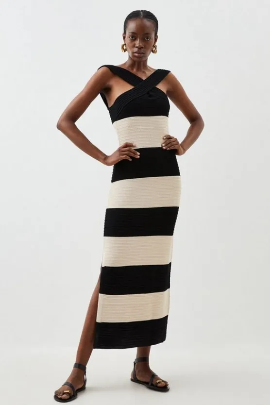 Karen Millen Viscose Blend Striped Cross Front Knit Midi Dress mono Online