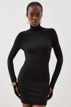 Karen Millen Viscose Blend Turtleneck Thumbhole Cuff Knit Mini Dress black Hot