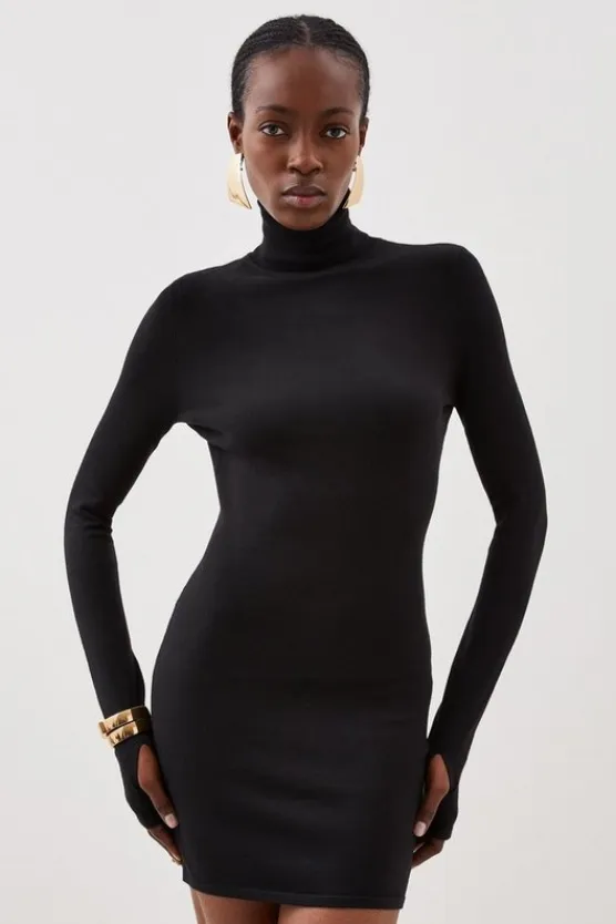 Karen Millen Viscose Blend Turtleneck Thumbhole Cuff Knit Mini Dress black Hot