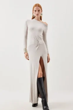 Karen Millen Viscose Blend Twist Knot Cold Shoulder Knitted Maxi Dress oatmeal Best