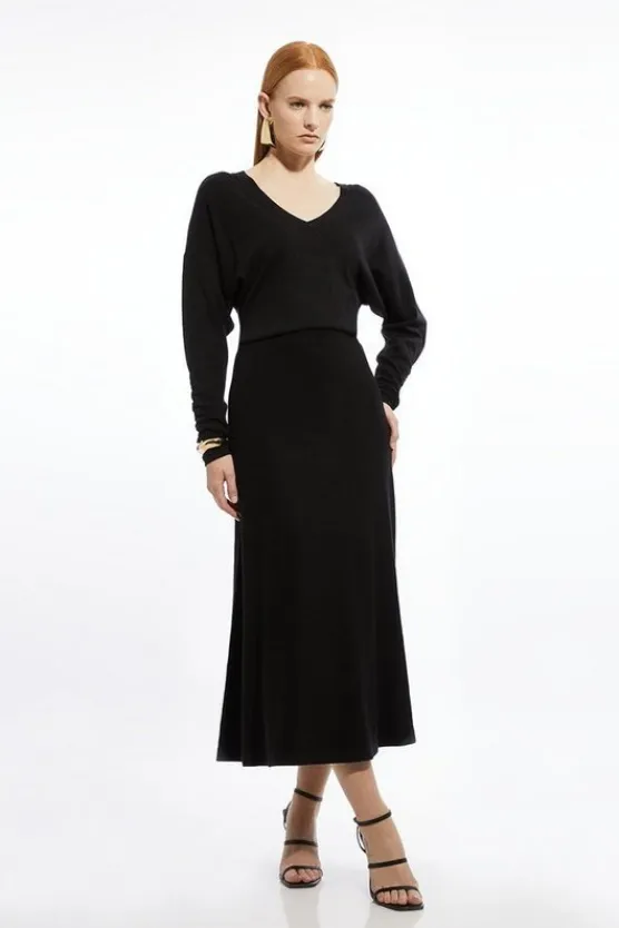 Karen Millen Viscose Blend V Neck Knit Midi Dress black Fashion