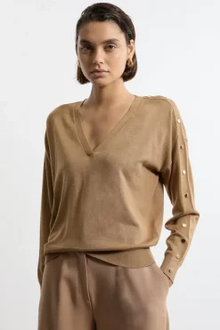 Karen Millen Viscose Blend V Neck Knit Sweater camel Online