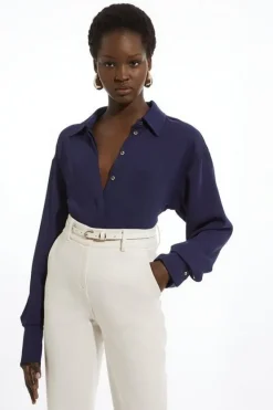 Karen Millen Viscose Crepe Long Sleeve Collared Shirt navy Best
