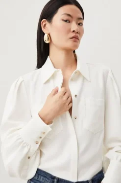 Karen Millen Viscose Crepe Statement Sleeve Collared Blouse ivory New