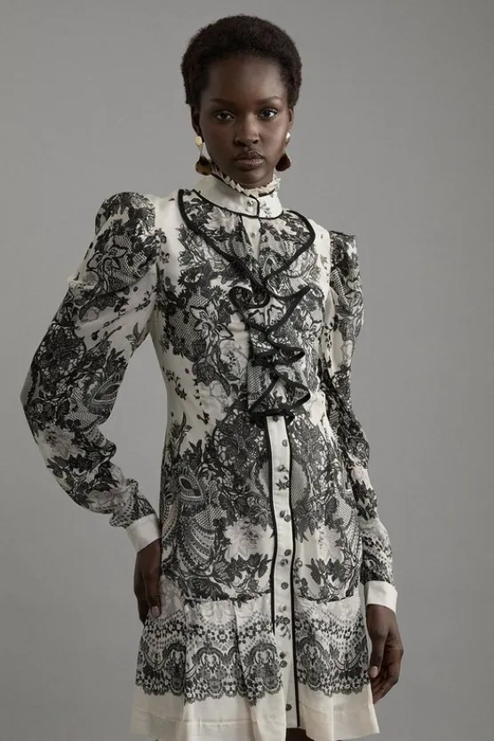 Karen Millen Viscose Crinkle Placed Lace Printed Woven Mini Dress black_white Clearance