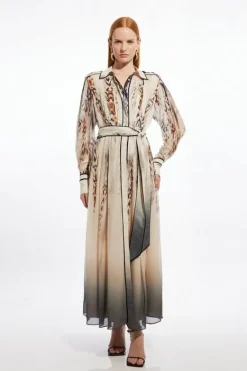 Karen Millen Viscose Floral Border Shirt Maxi Dress stone Sale