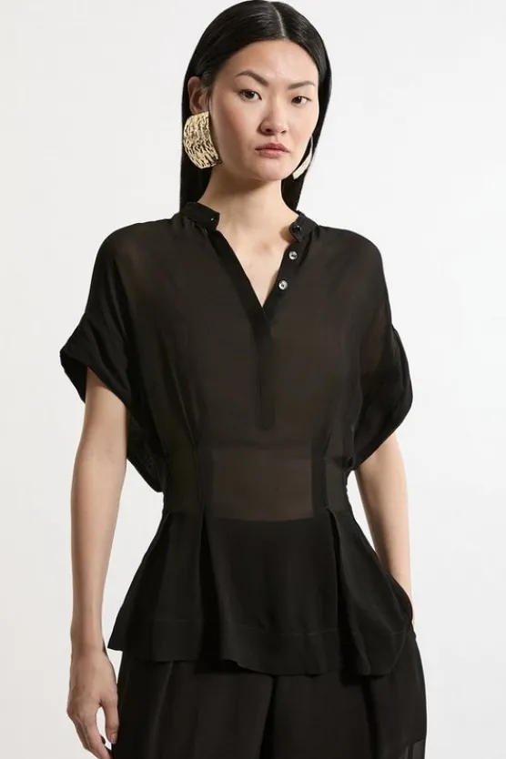 Karen Millen Viscose Georgette Pintuck Woven Blouse black Best