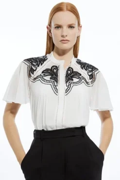 Karen Millen Viscose Georgette Placed Cutwork Woven Blouse mono Sale