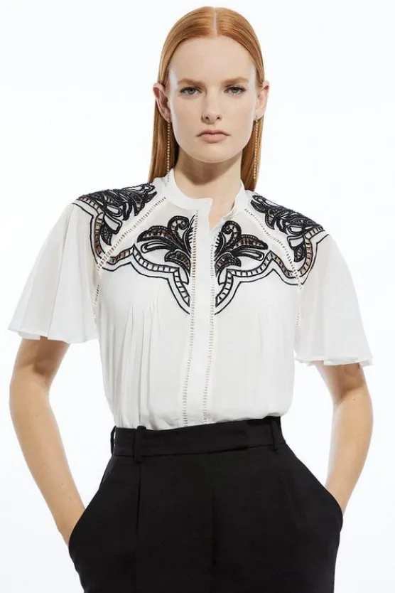Karen Millen Viscose Georgette Placed Cutwork Woven Blouse mono Sale