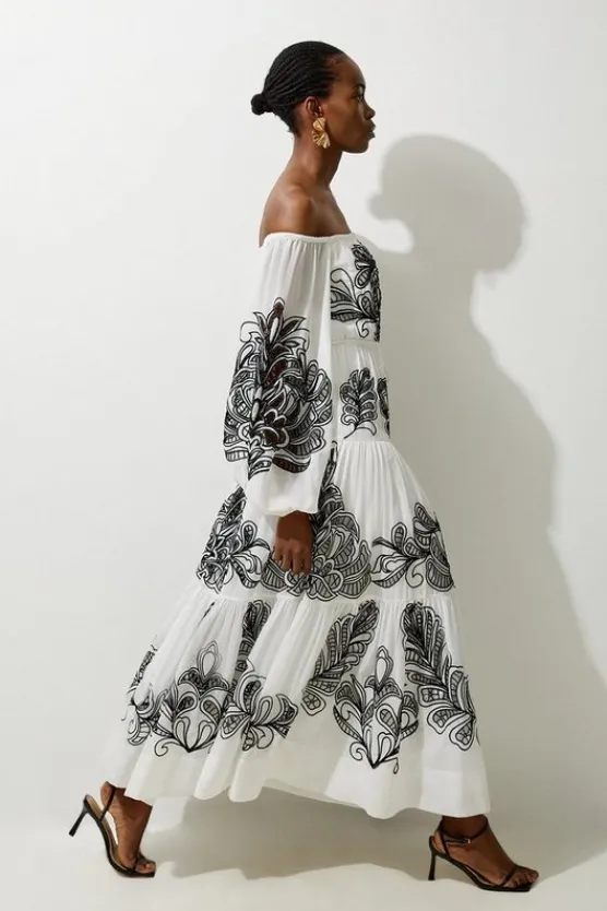 Karen Millen Viscose Georgette Placed Cutwork Off The Shoulder Woven Maxi Dress mono Best