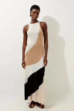 Karen Millen Viscose Knit Color Block Summer Maxi Dress natural Outlet