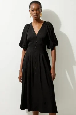 Karen Millen Viscose Linen Puff Sleeve Bow Detail Midaxi Dress black Best
