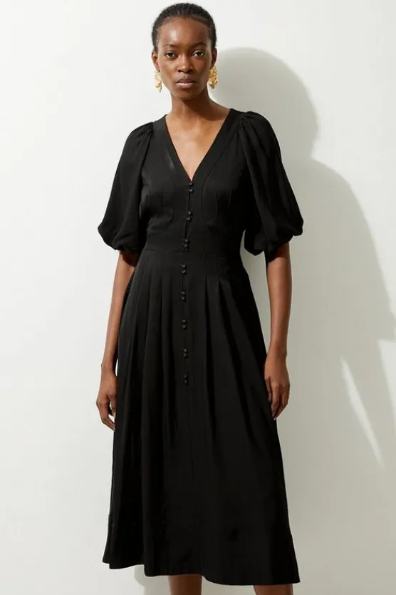 Karen Millen Viscose Linen Puff Sleeve Bow Detail Midaxi Dress black Best