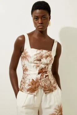 Karen Millen Viscose Linen Scenic Placed Print Strappy Top neutral Hot