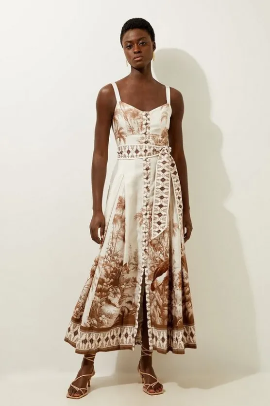 Karen Millen Viscose Linen Scenic Placed Print Strappy Woven Midi Dress neutral Online