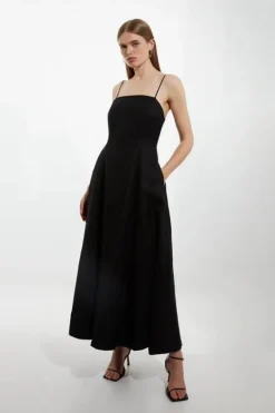 Karen Millen Viscose Linen Woven Strappy Maxi Dress black Clearance