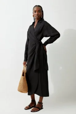 Karen Millen Viscose Linen Woven Tie Wrap Midi Shirt Dress black Fashion