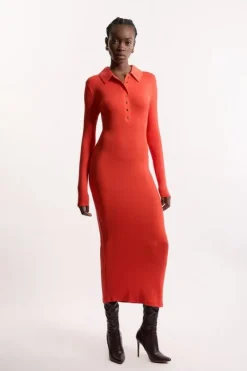 Karen Millen Viscose Rib Jersey Long Sleeve Colla Midi Dress red Sale