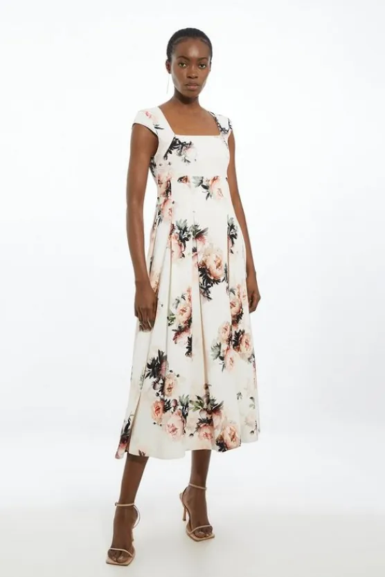 Karen Millen Viscose Satin Back Crepe Peony Tailored Square Neck Full Skirted Midi Dress floral Clearance