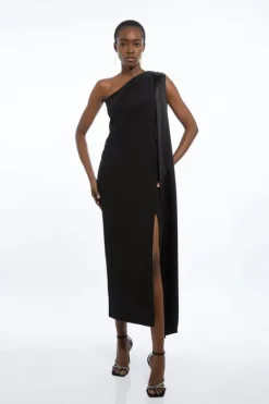 Karen Millen Viscose Satin Back Crepe Tailored One Shoulder Cape Maxi Dress black Discount