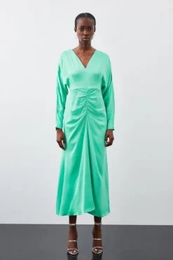 Karen Millen Viscose Satin Batwing Long Sleeve Midi Dress green Sale