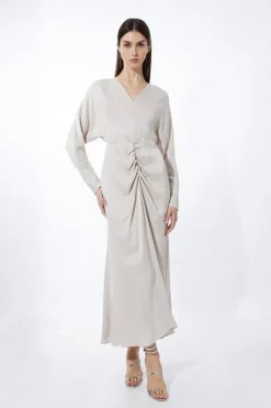 Karen Millen Viscose Satin Batwing Long Sleeve Midi Dress silver New