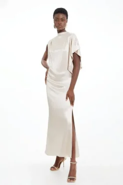 Karen Millen Viscose Satin Pintuck Draped Detail Woven Maxi Dress oyster Online