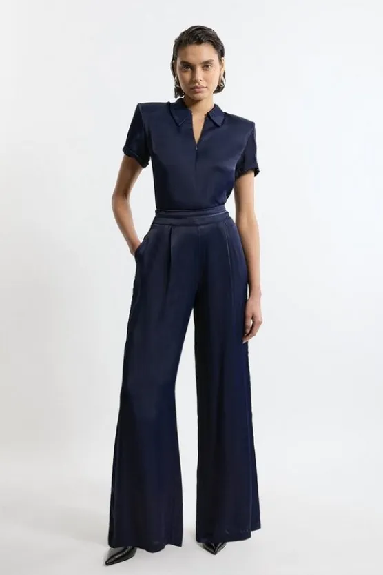 Karen Millen Viscose Satin Wide Leg Pants navy Discount