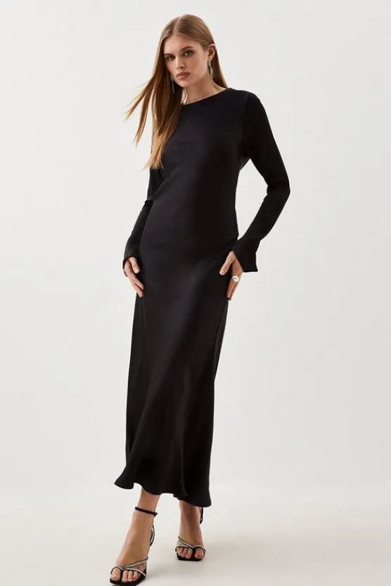 Karen Millen Viscose Satin Woven Long Sleeve Maxi Dress black Hot