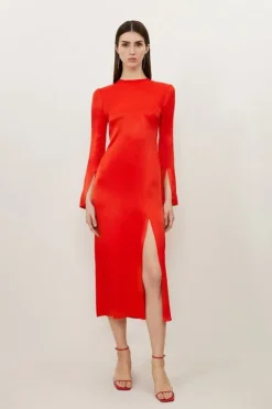 Karen Millen Viscose Satin Woven Midi Dress red New