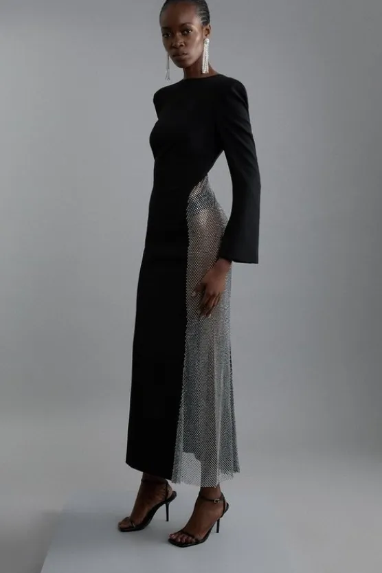 Karen Millen Viscose Woven Panelled Crystal Mesh Maxi Dress black Best
