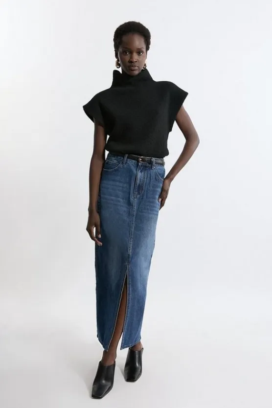 Karen Millen Washed Denim Tailored Maxi Skirt midblue New