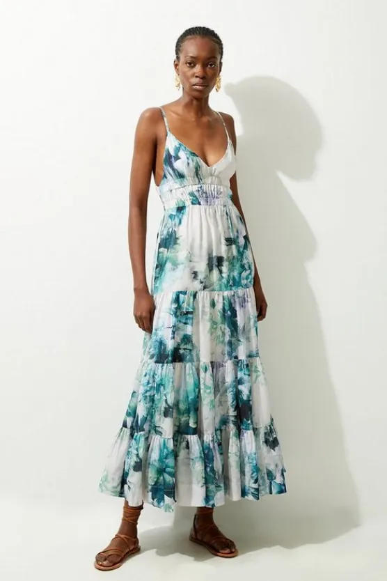 Karen Millen Watercolor Cotton Voile Plunge Strappy Woven Maxi Dress blue New