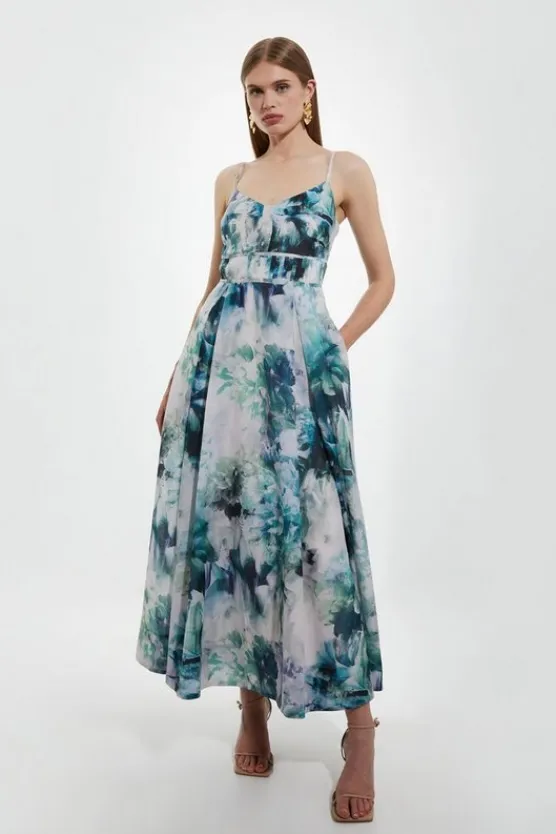 Karen Millen Watercolor Cotton Voile Strappy Woven Maxi Dress blue Best