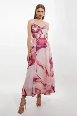Karen Millen Watercolor Print Cotton Voile Strappy Woven Maxi Dress pink Hot