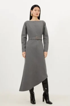 Karen Millen Waterfall Hem Belted Ponte Jersey Maxi Dress charcoal Clearance