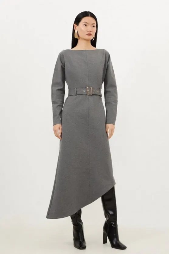 Karen Millen Waterfall Hem Belted Ponte Jersey Maxi Dress charcoal Clearance