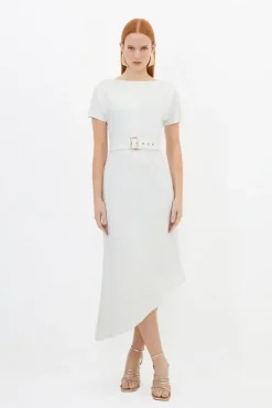 Karen Millen Waterfall Hem Belted Short Sleeve Ponte Jersey Midi Dress ivory Fashion