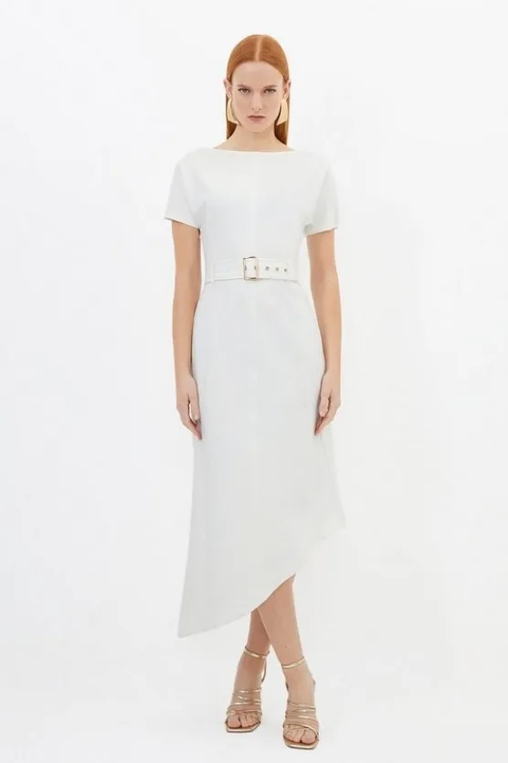 Karen Millen Waterfall Hem Belted Short Sleeve Ponte Jersey Midi Dress ivory Fashion