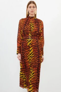 Karen Millen Wild Tiger Printed Georgette Woven Midi Dress orange Best