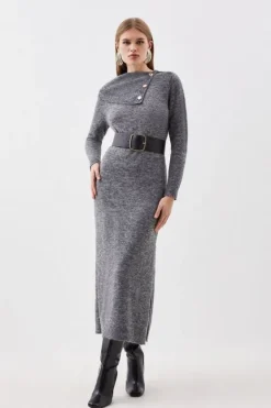 Karen Millen Wool Blend Cosy Envelope Belted Knit Maxi Dress charcoal Clearance