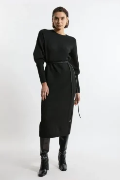 Karen Millen Wool Blend Cosy Knit Belted Long Sleeve Midaxi Dress black Best