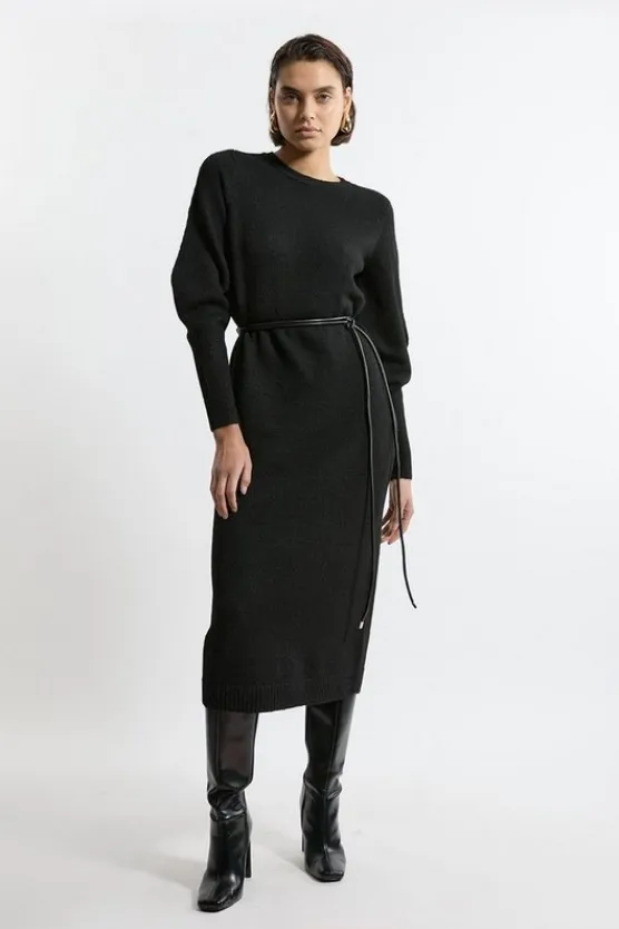 Karen Millen Wool Blend Cosy Knit Belted Long Sleeve Midaxi Dress black Best