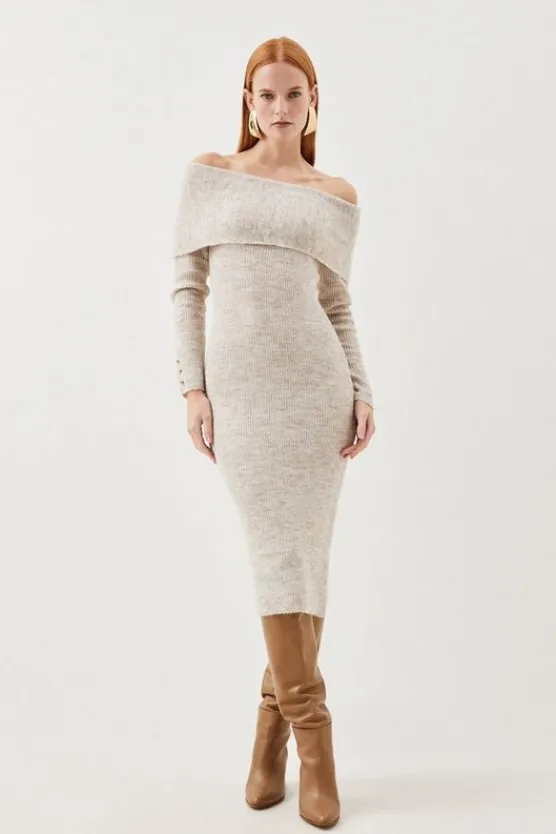 Karen Millen Wool Blend Cosy Off The Shoulder Knit Midi Dress ivory Discount