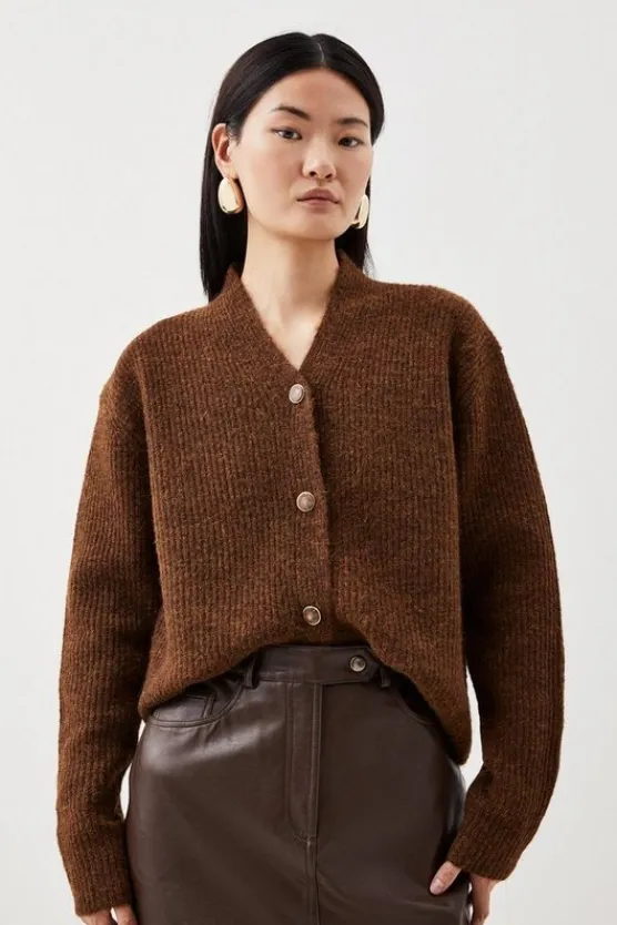 Karen Millen Wool Blend Cosy Slouchy Knit Cardigan chocolate Clearance