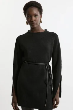 Karen Millen Wool Blend Cosy Tunic With Pu Belt Trim black Outlet
