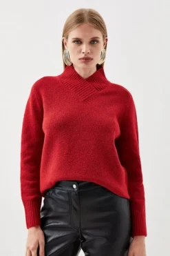 Karen Millen Wool Blend Cosy V Neck Knit Sweater red Fashion